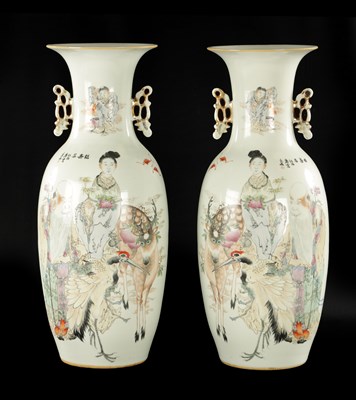 Lot 124 - A PAIR OF 19TH CENTURY CHINESE SLENDER OVOID TWO-HANDLED VASES OF LARGE SIZE