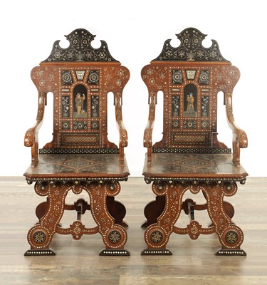 Lot 1291 - A GOOD PAIR OF 19TH CENTURY ITALIAN EBONISED AND WALNUT MARQUETRY INLAID ARMCHAIRS