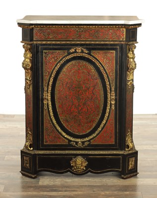 Lot 1308 - A 19TH CENTURY FRENCH EBONISED AND ORMOLU MOUNTED TORTOISESHELL AND BRASS INLAID BOULLE WORK SIDE CABINET