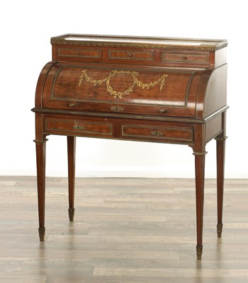 Lot 1317 - A LATE 19TH CENTURY FRENCH GILT METAL MOUNTED ROSEWOOD AND PARQUETRY INLAID CYLINDER FRONT WRITING DESK