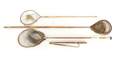 Lot 635 - THREE 19TH CENTURY CANE LANDING NETS AND A FISHING GAFF