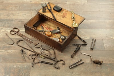 Lot 559 - A 19TH CENTURY PINE BOX CONTAINING A VARIOUS SELECTION OF 18TH CENTURY KITCHEN UTENSILS