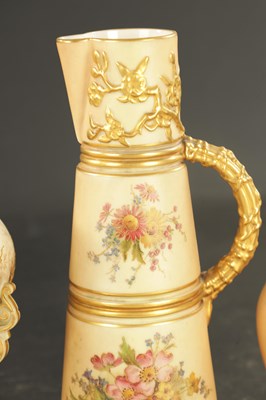 Lot 346 - A ROYAL WORCESTER PORCELAIN URN CIRCA 1890, A ROYAL WORCESTER CONICAL JUG AND A ROYAL WORCESTER FLAT-BACK JUG CIRCA 1900