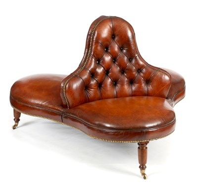 Lot 921 - A 19TH CENTURY BROWN LEATHER CONVERSATION SEAT...