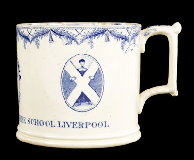 Lot 79 - A 19TH CENTURY DAVENPORT COMMEMORATIVE QUEEN VICTORIA BLUE AND WHITE TRANSFER MUG