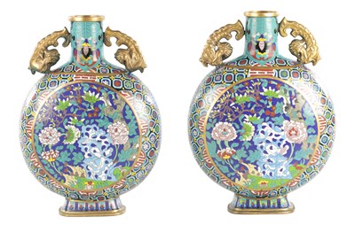 Lot 97 - A PAIR OF CHINESE CLOISONNE ENAMEL MOON FLASKS