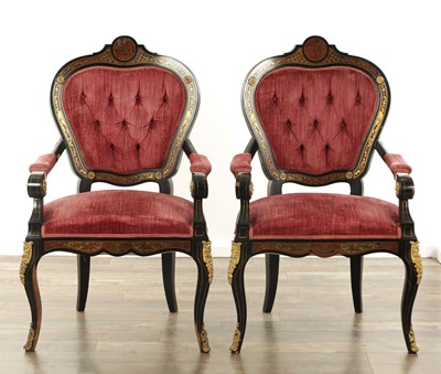 Lot 1357 - A PAIR OF LATE 19TH CENTURY FRENCH EBONISED BOULLE WORK TORTOISESHELL AND BRASS INLAID DESK CHAIRS