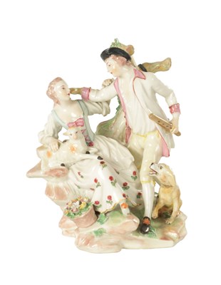 Lot 41 - AN 18TH CENTURY DERBY PORCELAIN SHEPHERD AND SHEPHERDESS FIGURE GROUP