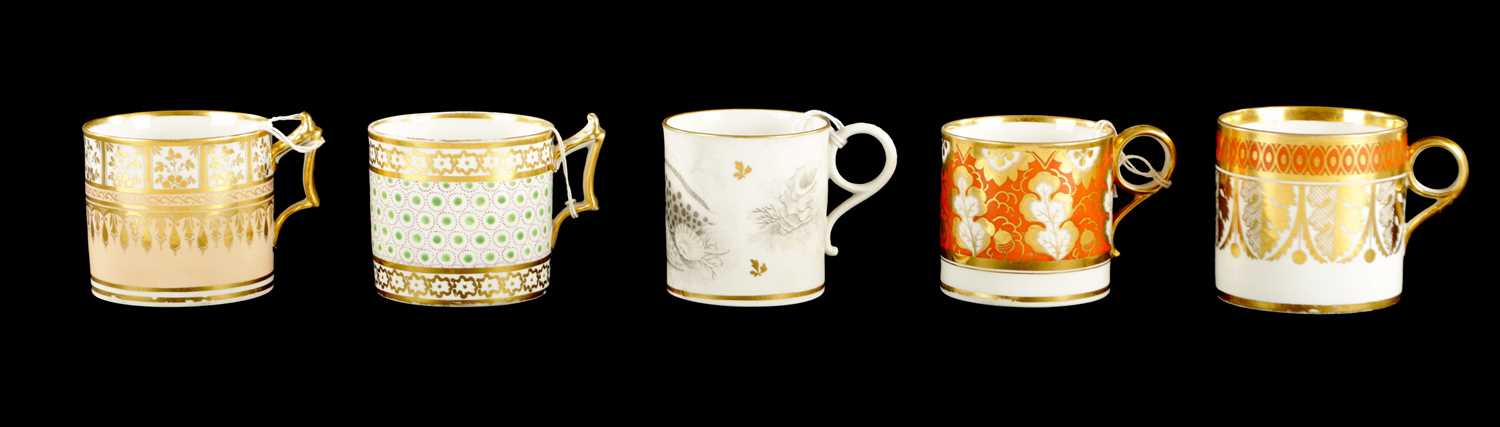 Lot 62 - A COLLECTION OF FIVE FLIGHT BARR AND BARR WORCESTER COFFEE CANS OF VARIOUS DECORATION CIRCA 1810