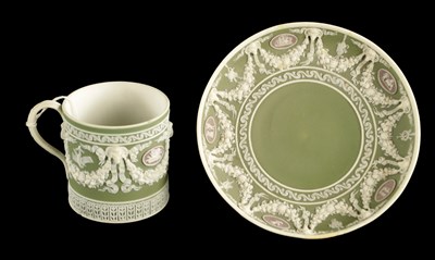 Lot 198 - A WEDGEWOOD THREE-COLOUR COFFEE CAN AND SAUCER CIRCA 1840