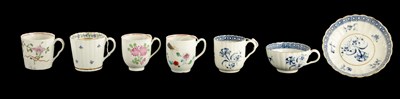 Lot 82 - A WORCESTER GILLY FLOWER PATTERN FLUTED TRIO TOGETHER WITH A LIVERPOOL PORCELAIN CUP, TWO WORCESTER CUPS AND A CAUGHLEY CUP