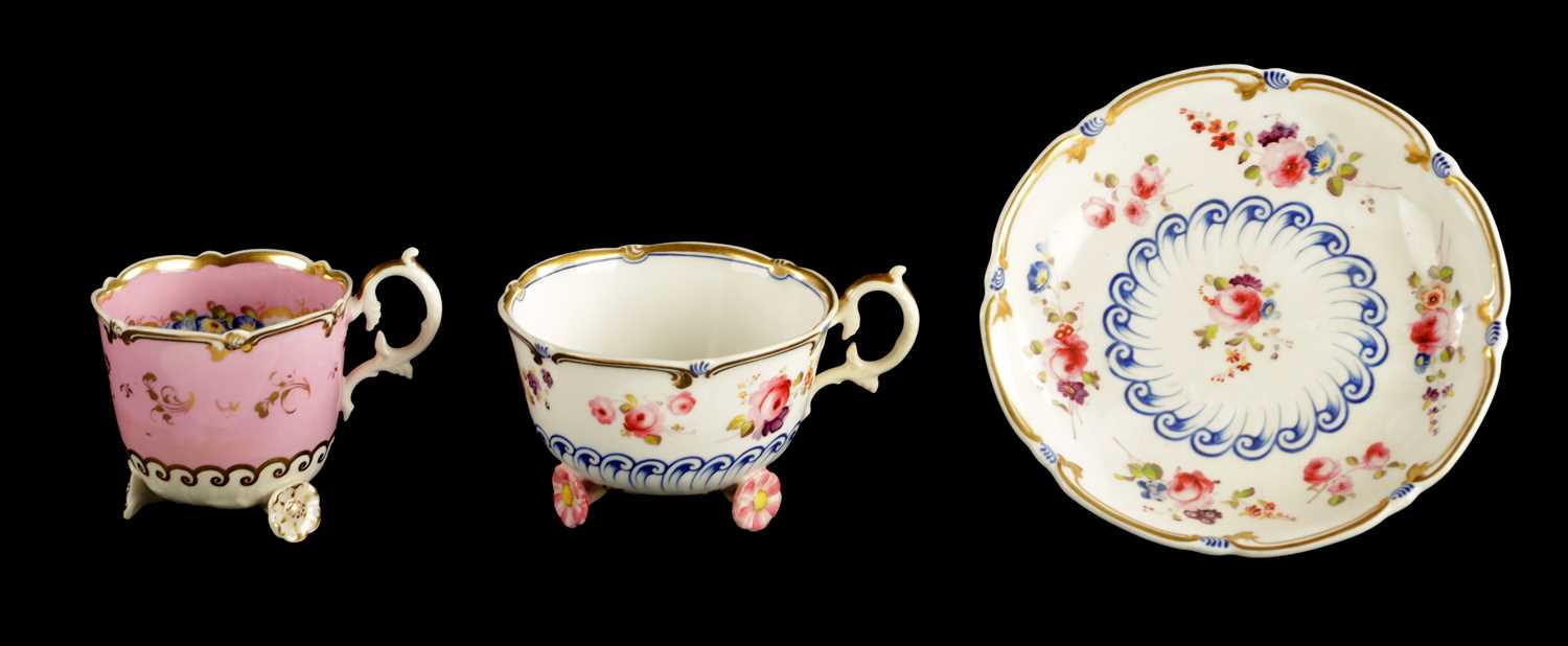 Lot 165 - A RARE RIDGEWAY CUP AND SAUCER ON PETAL FEET CIRCA 1830, TOGETHER WITH A SINGLE CUP