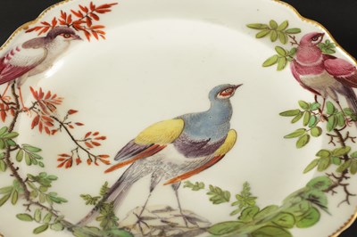 Lot 400 - A RARE CHELSEA PORCELAIN SPARROW BEAK CREAM JUG CIRCA 1755, together with A CHELSEA PORCELAIN PLATE PAINTED WITH EXOTIC BIRDS CIRCA 1760