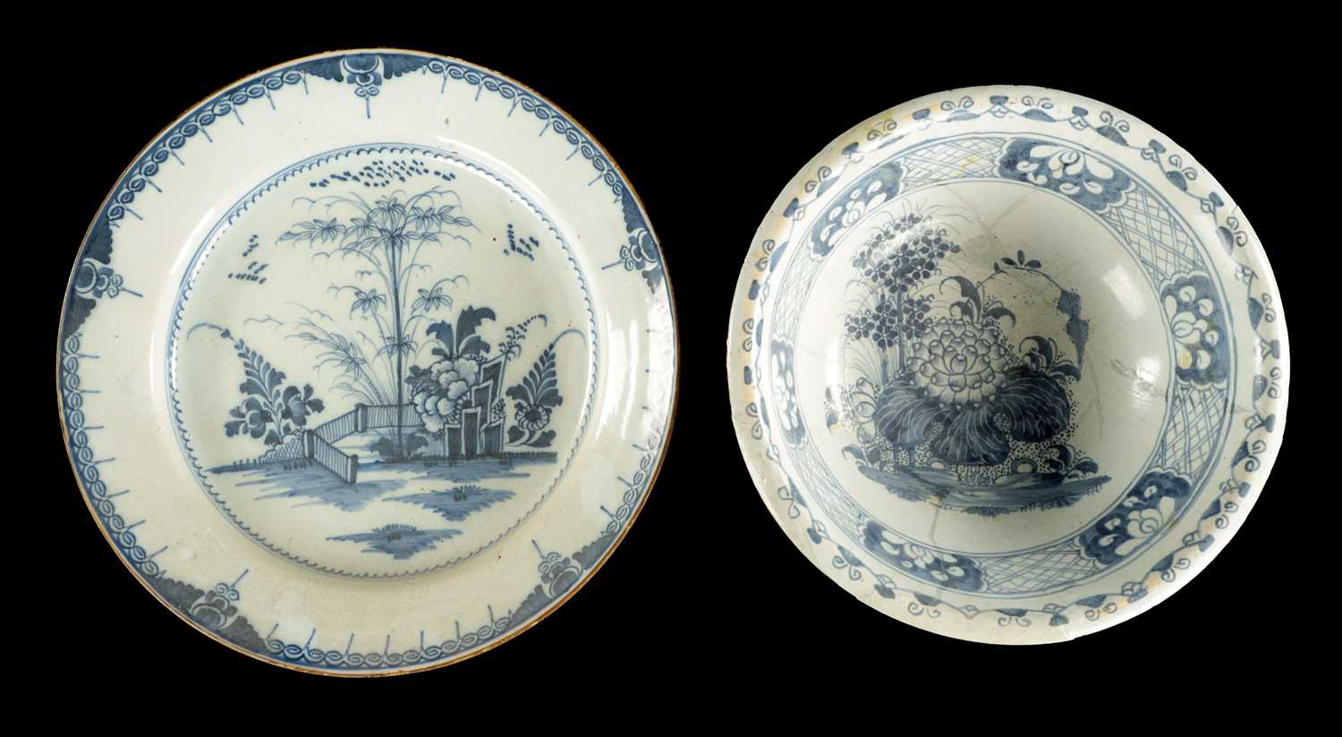 Lot 374 - A MID 18TH CENTURY LIVERPOOL DELFT CHARGER AND A BOWL