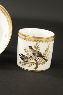 Lot 52 - TWO 18TH CENTURY PARIS PORCELAIN CYLINDRICAL TEAPOTS TOGETHER WITH A PARIS COFFEE CUP AND SAUCER PAINTED WITH BIRDS AND THREE OTHER COFFEE CANS