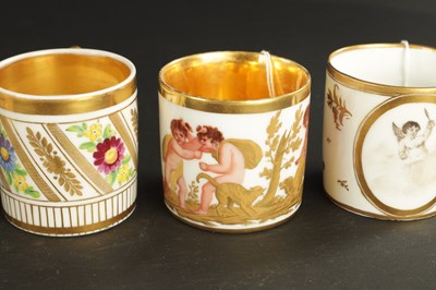 Lot 52 - TWO 18TH CENTURY PARIS PORCELAIN CYLINDRICAL TEAPOTS TOGETHER WITH A PARIS COFFEE CUP AND SAUCER PAINTED WITH BIRDS AND THREE OTHER COFFEE CANS