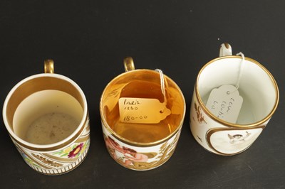 Lot 52 - TWO 18TH CENTURY PARIS PORCELAIN CYLINDRICAL TEAPOTS TOGETHER WITH A PARIS COFFEE CUP AND SAUCER PAINTED WITH BIRDS AND THREE OTHER COFFEE CANS