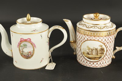Lot 52 - TWO 18TH CENTURY PARIS PORCELAIN CYLINDRICAL TEAPOTS TOGETHER WITH A PARIS COFFEE CUP AND SAUCER PAINTED WITH BIRDS AND THREE OTHER COFFEE CANS