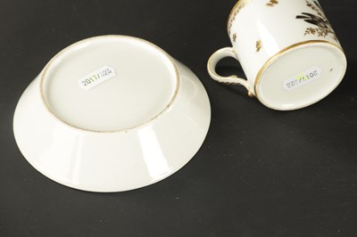 Lot 52 - TWO 18TH CENTURY PARIS PORCELAIN CYLINDRICAL TEAPOTS TOGETHER WITH A PARIS COFFEE CUP AND SAUCER PAINTED WITH BIRDS AND THREE OTHER COFFEE CANS