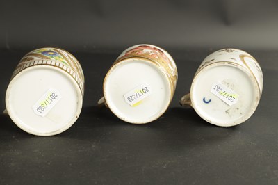 Lot 52 - TWO 18TH CENTURY PARIS PORCELAIN CYLINDRICAL TEAPOTS TOGETHER WITH A PARIS COFFEE CUP AND SAUCER PAINTED WITH BIRDS AND THREE OTHER COFFEE CANS