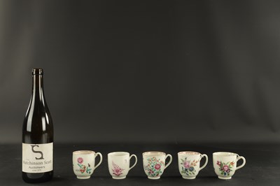 Lot 318 - A COLLECTION OF FIVE WORCESTER PORCELAIN COFFEE CUPS PAINTED WITH FLOWERS CIRCA 1775