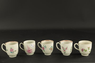 Lot 318 - A COLLECTION OF FIVE WORCESTER PORCELAIN COFFEE CUPS PAINTED WITH FLOWERS CIRCA 1775