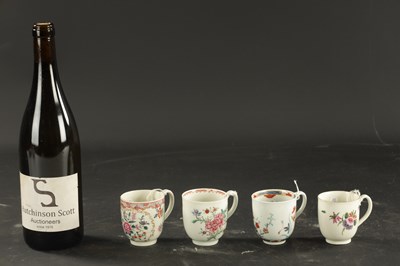 Lot 113 - A COLLECTION OF FOUR WORCESTER COFFEE CUPS CIRCA 1770 WITH ENAMELLED DECORATION