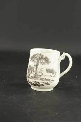 Lot 379 - A WORCESTER BELL SHAPED TANKARD WTH HANCOCK PRINT OF MILKING SCENE AND RURAL LOVERS CIRCA 1760