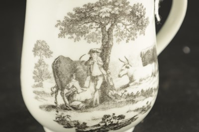Lot 379 - A WORCESTER BELL SHAPED TANKARD WTH HANCOCK PRINT OF MILKING SCENE AND RURAL LOVERS CIRCA 1760