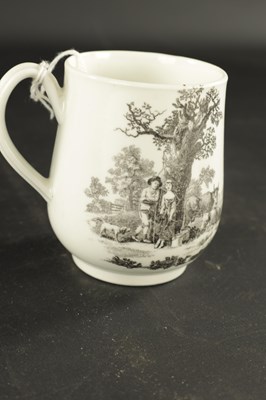 Lot 379 - A WORCESTER BELL SHAPED TANKARD WTH HANCOCK PRINT OF MILKING SCENE AND RURAL LOVERS CIRCA 1760