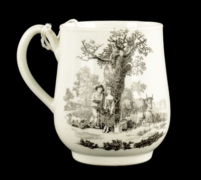 Lot 379 - A WORCESTER BELL SHAPED TANKARD WTH HANCOCK PRINT OF MILKING SCENE AND RURAL LOVERS CIRCA 1760