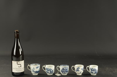 Lot 343 - A COLLECTION OF FOUR WORCESTER COFFEE CUPS PRINTED BLUE AND WHITE CHINOISERIE SCENES, THE OTHER WITH FRUIT