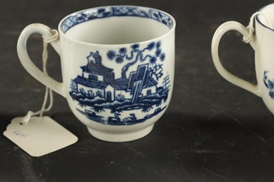 Lot 343 - A COLLECTION OF FOUR WORCESTER COFFEE CUPS PRINTED BLUE AND WHITE CHINOISERIE SCENES, THE OTHER WITH FRUIT