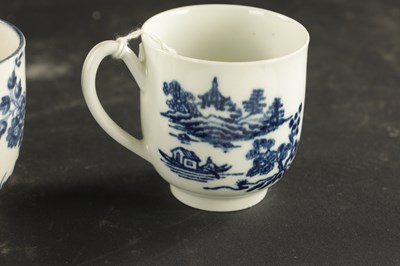 Lot 343 - A COLLECTION OF FOUR WORCESTER COFFEE CUPS PRINTED BLUE AND WHITE CHINOISERIE SCENES, THE OTHER WITH FRUIT