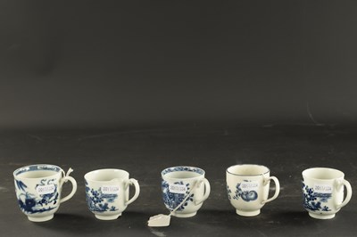 Lot 343 - A COLLECTION OF FOUR WORCESTER COFFEE CUPS PRINTED BLUE AND WHITE CHINOISERIE SCENES, THE OTHER WITH FRUIT