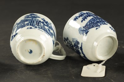 Lot 343 - A COLLECTION OF FOUR WORCESTER COFFEE CUPS PRINTED BLUE AND WHITE CHINOISERIE SCENES, THE OTHER WITH FRUIT