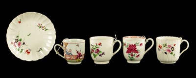 Lot 38 - A WORCESTER FLUTED COFFEE CUP AND SAUCER PAINTED WITH FLOWERS WITH TWO OTHERS, ONE WITH CHINESE FIGURES CIRCA 1770