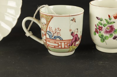 Lot 38 - A WORCESTER FLUTED COFFEE CUP AND SAUCER PAINTED WITH FLOWERS WITH TWO OTHERS, ONE WITH CHINESE FIGURES CIRCA 1770