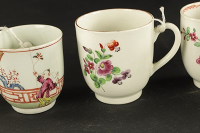 Lot 38 - A WORCESTER FLUTED COFFEE CUP AND SAUCER PAINTED WITH FLOWERS WITH TWO OTHERS, ONE WITH CHINESE FIGURES CIRCA 1770