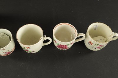 Lot 38 - A WORCESTER FLUTED COFFEE CUP AND SAUCER PAINTED WITH FLOWERS WITH TWO OTHERS, ONE WITH CHINESE FIGURES CIRCA 1770