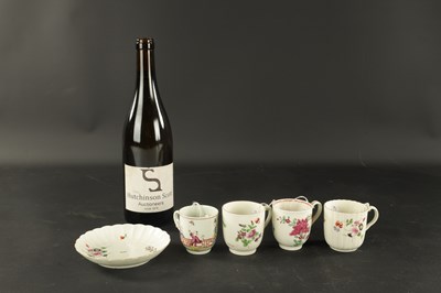 Lot 38 - A WORCESTER FLUTED COFFEE CUP AND SAUCER PAINTED WITH FLOWERS WITH TWO OTHERS, ONE WITH CHINESE FIGURES CIRCA 1770