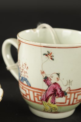 Lot 38 - A WORCESTER FLUTED COFFEE CUP AND SAUCER PAINTED WITH FLOWERS WITH TWO OTHERS, ONE WITH CHINESE FIGURES CIRCA 1770