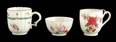 Lot 134 - A RARE EARLY BOW TEA BOWL CIRCA 1750 TOGETHER WITH A BRISTOL FLUTED COFFEE CUP CIRCA 1770 AND A BOW PORCELAIN COFFEE CUP CIRCA 1760