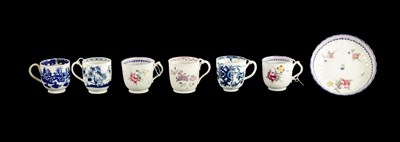 Lot 37 - THREE WORCESTER COFFEE CUPS WITH VARIOUS PRINTED DECORATION CIRCA 1765