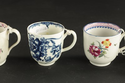 Lot 37 - THREE WORCESTER COFFEE CUPS WITH VARIOUS PRINTED DECORATION CIRCA 1765