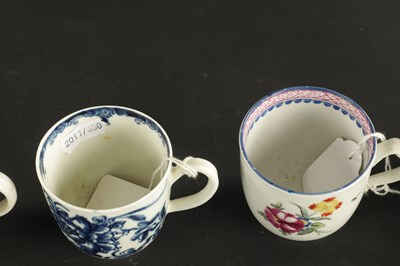 Lot 37 - THREE WORCESTER COFFEE CUPS WITH VARIOUS PRINTED DECORATION CIRCA 1765