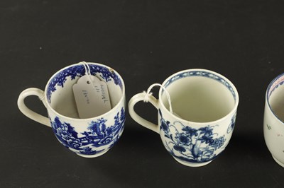 Lot 37 - THREE WORCESTER COFFEE CUPS WITH VARIOUS PRINTED DECORATION CIRCA 1765