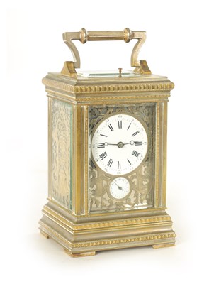 Lot 1085 - A DECORATIVE LATE 19TH CENTURY FRENCH BRASS AND SILVERED GRAND SONNERIE CARRIAGE CLOCK OF LARGE SIZE