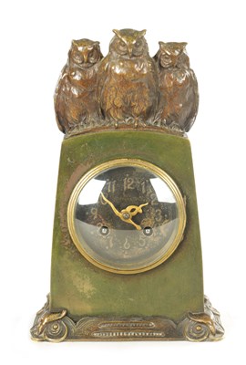 Lot 1001 - TIFFANY & CO. A STYLISH ARTS AND CRAFTS GREEN AND BROWN BRONZE PATINATED TRIPLE OWL MANTEL CLOCK