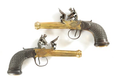 Lot 519 - BOUTET A VERSAILLES. A PAIR OF EARLY 19TH CENTURY FRENCH BRASS FLINTLOCK PISTOLS